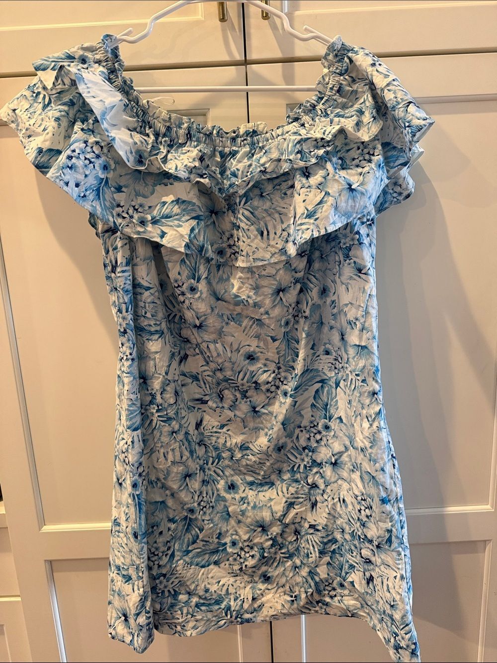 belle sky Blue Floral Off the Shoulder Ruffle Dress large cotton blend
